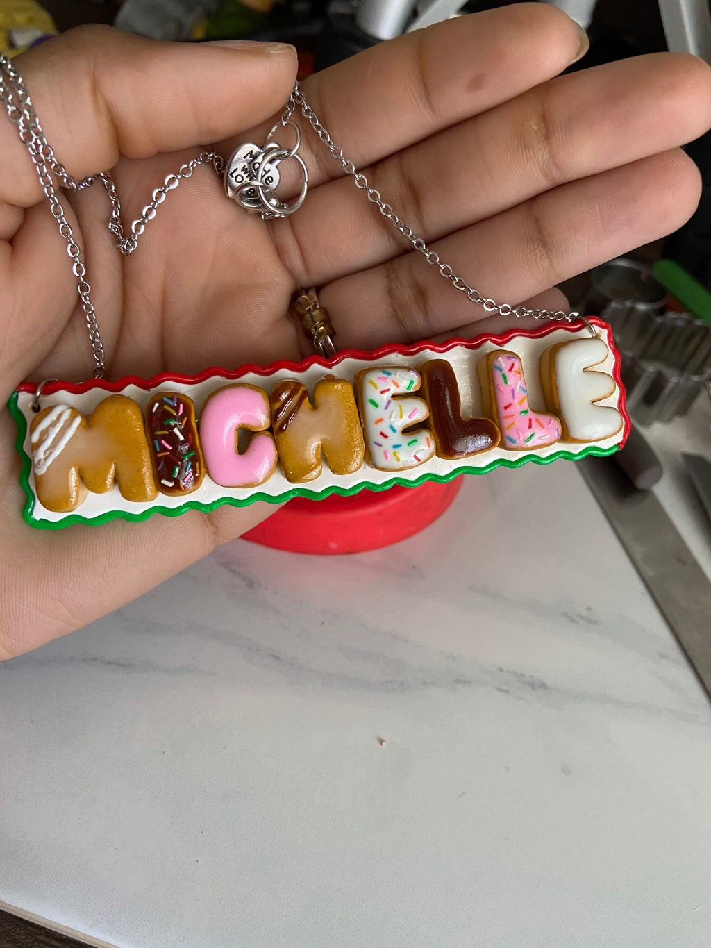 Custom Donut Name Necklace, Polymer Clay Food Jewelry