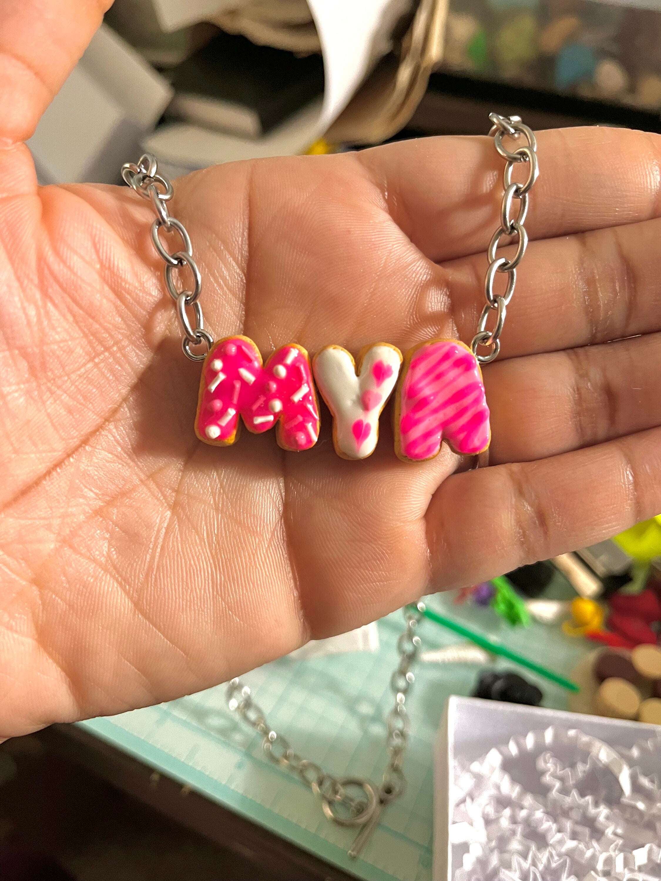 Custom Donut Name Necklace, Polymer Clay Food Jewelry